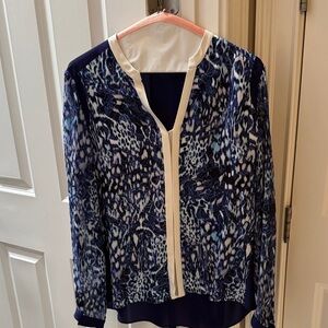 Elie Tahari Blue and White Patterned Blouse